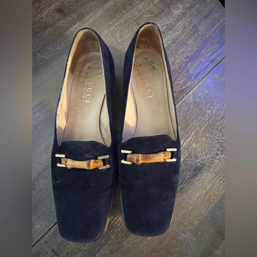 Gucci Women's Navy Suede Loafers with Bamboo Detail
